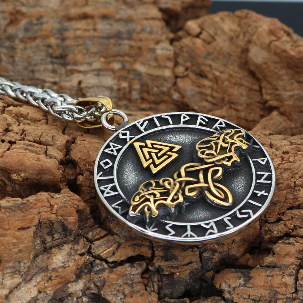 WorldNorse Double Wolf Head Roaring Triangle Rune Necklace - image 1