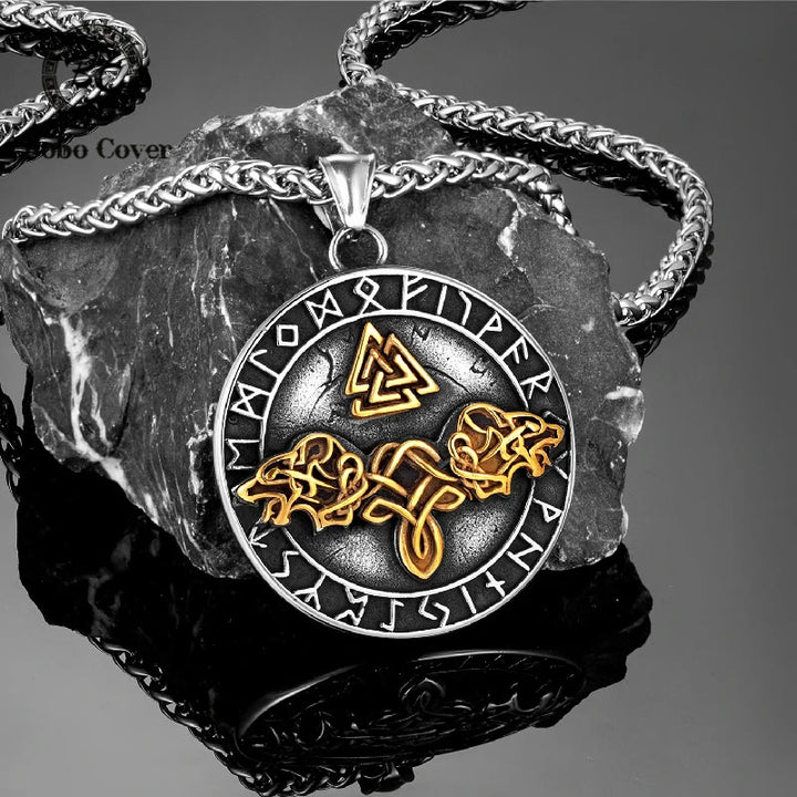 WorldNorse Double Wolf Head Roaring Triangle Rune Necklace - image 4