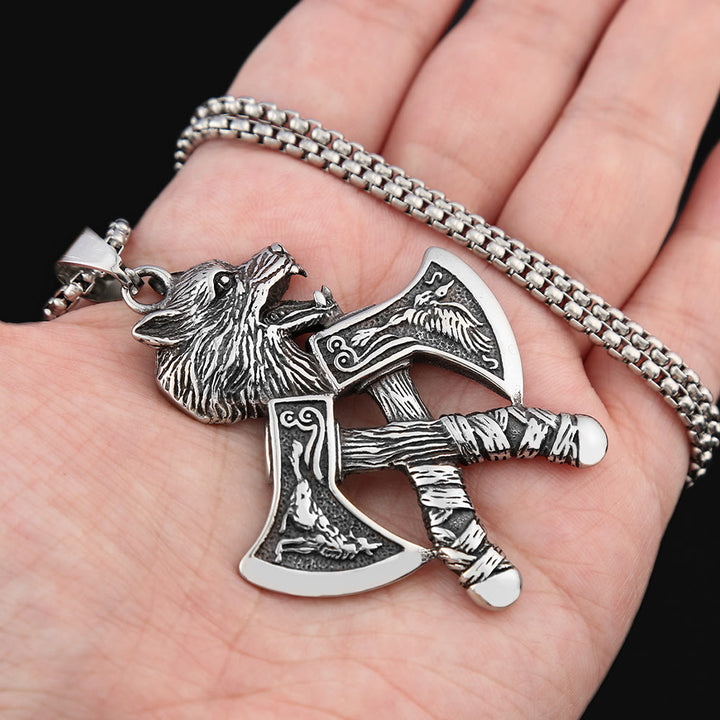 WorldNorse Double Axe With Wolf Head Necklace - image 1