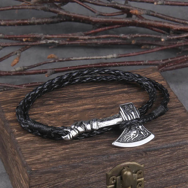 WorldNorse Viking Valknut Axe Amulet Multilayer Leather Bracelet - Retro Silver - image 0