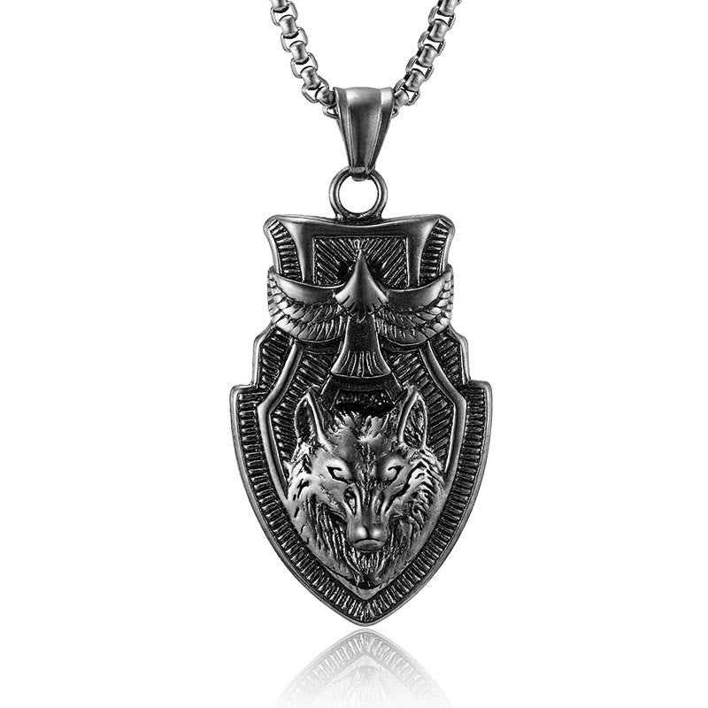 WorldNorse Flying Raven Wolf Head Shield Necklace