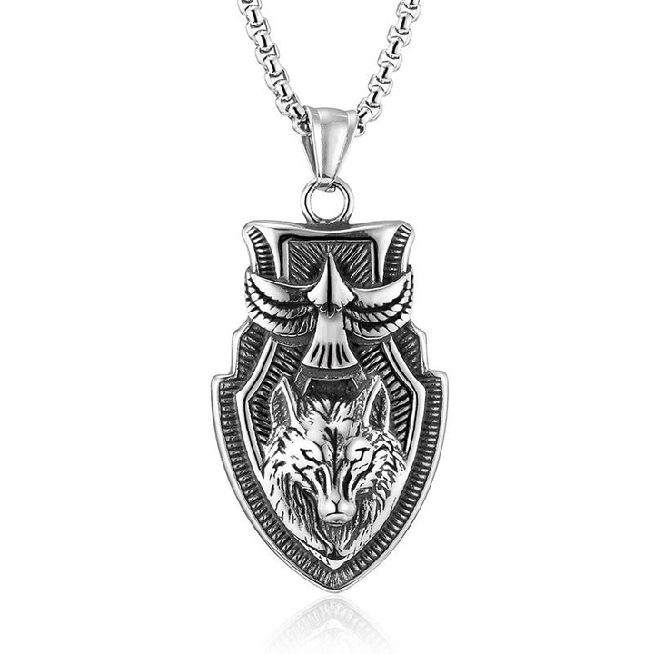 WorldNorse Flying Raven Wolf Head Shield Necklace