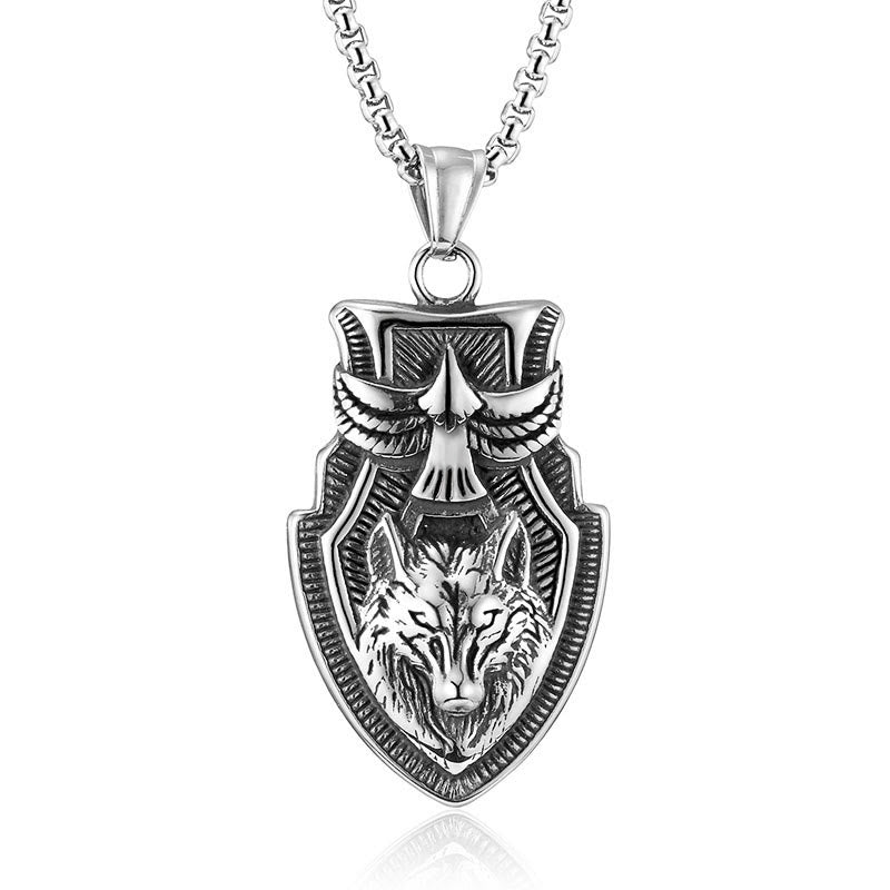 WorldNorse Flying Raven Wolf Head Shield Necklace