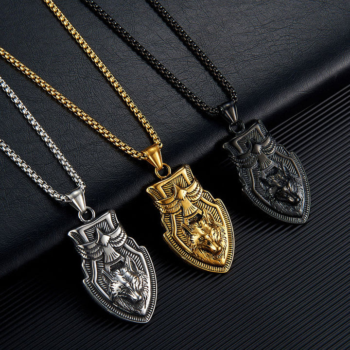 WorldNorse Flying Raven Wolf Head Shield Necklace