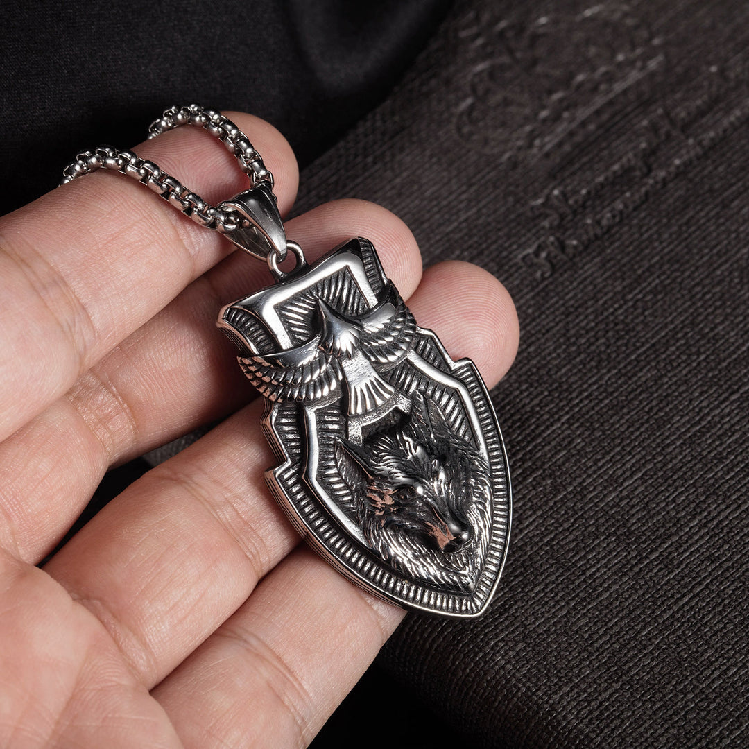 WorldNorse Flying Raven Wolf Head Shield Necklace