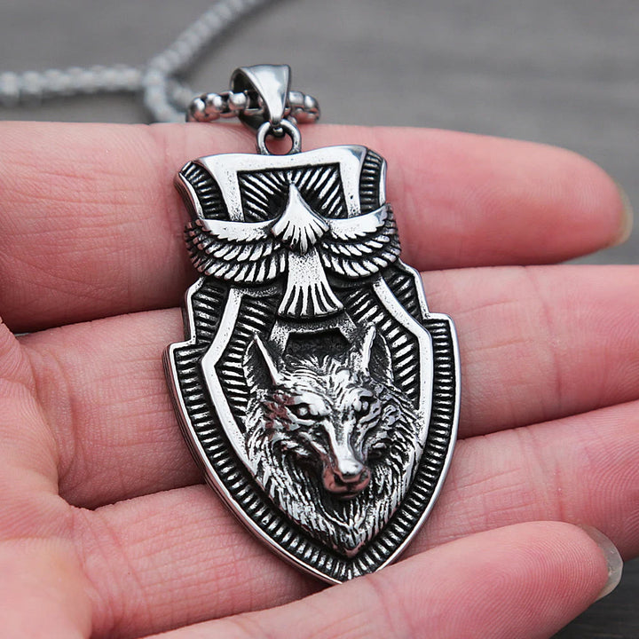 WorldNorse Flying Raven Wolf Head Shield Necklace