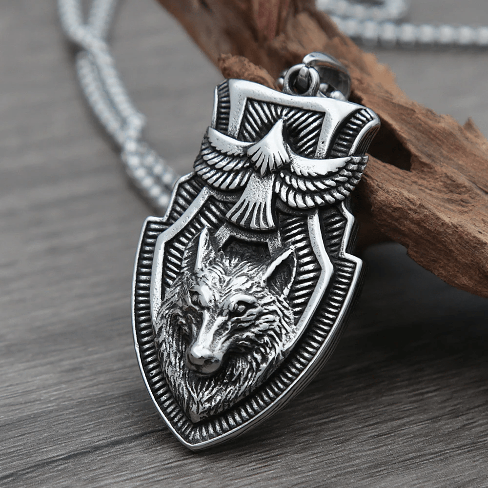 WorldNorse Flying Raven Wolf Head Shield Necklace