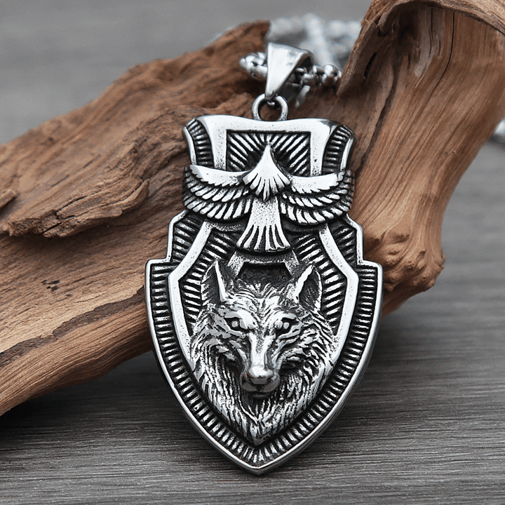 WorldNorse Flying Raven Wolf Head Shield Necklace