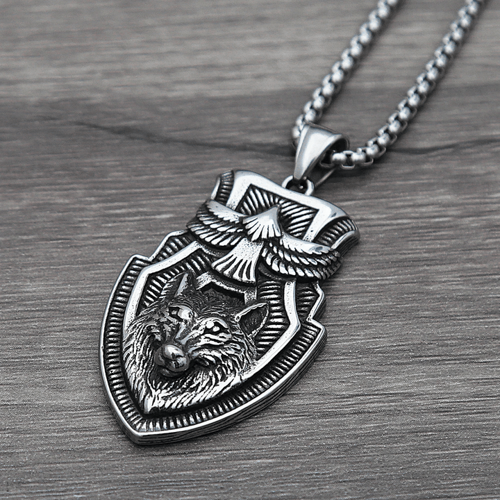 WorldNorse Flying Raven Wolf Head Shield Necklace