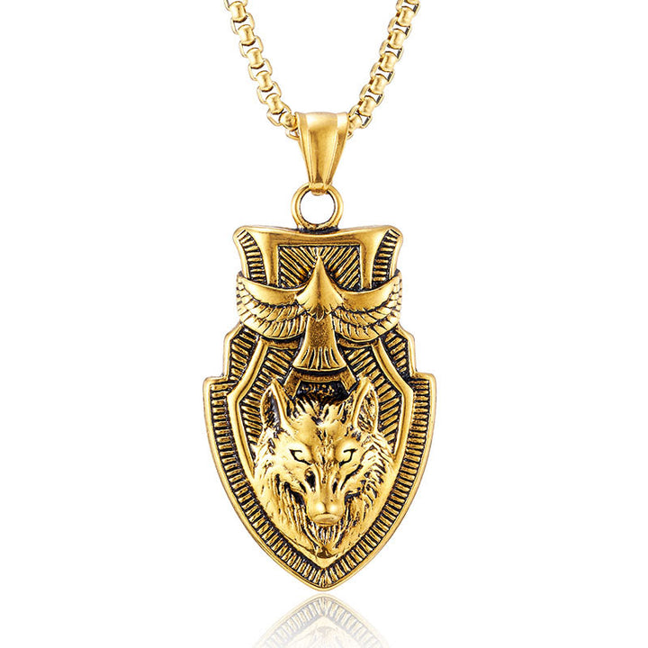 WorldNorse Flying Raven Wolf Head Shield Necklace