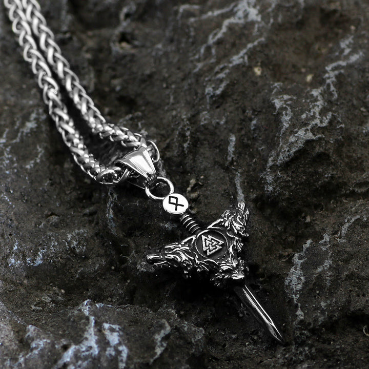 WorldNorse Double Wolf Head Valknut Sword Necklace - image 2