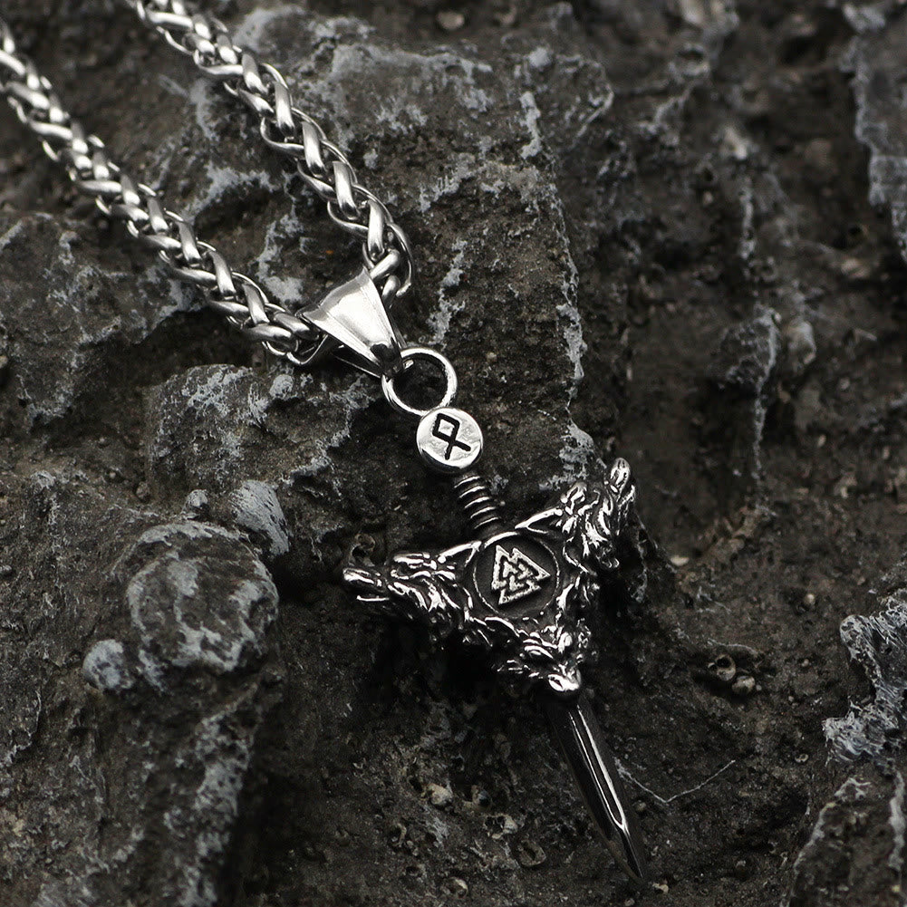 WorldNorse Double Wolf Head Valknut Sword Necklace - image 1