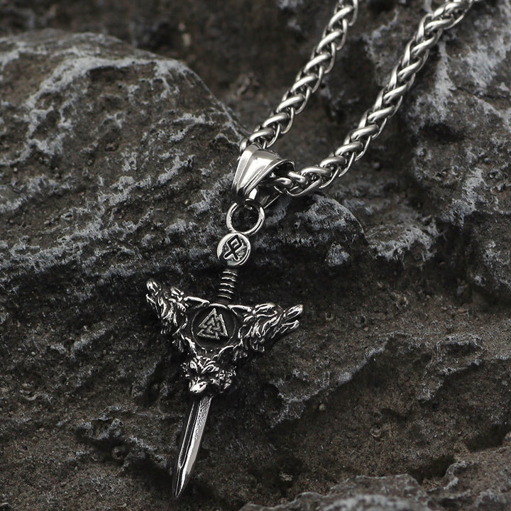 WorldNorse Double Wolf Head Valknut Sword Necklace