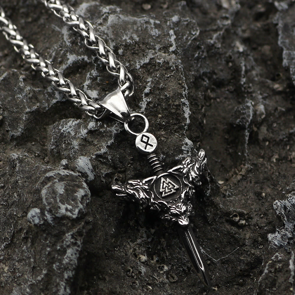 WorldNorse Double Wolf Head Valknut Sword Necklace