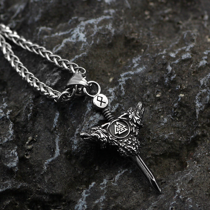 WorldNorse Double Wolf Head Valknut Sword Necklace