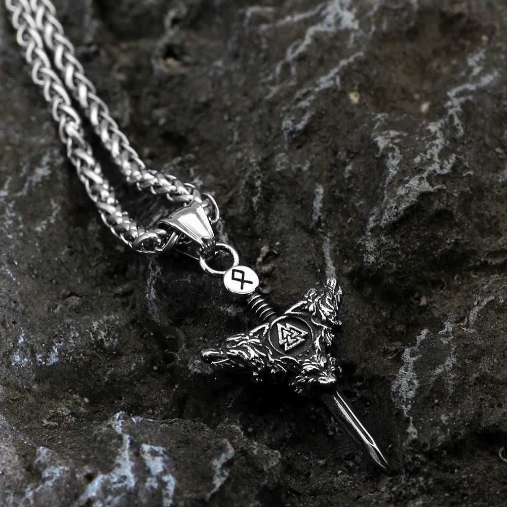 WorldNorse Double Wolf Head Valknut Sword Necklace