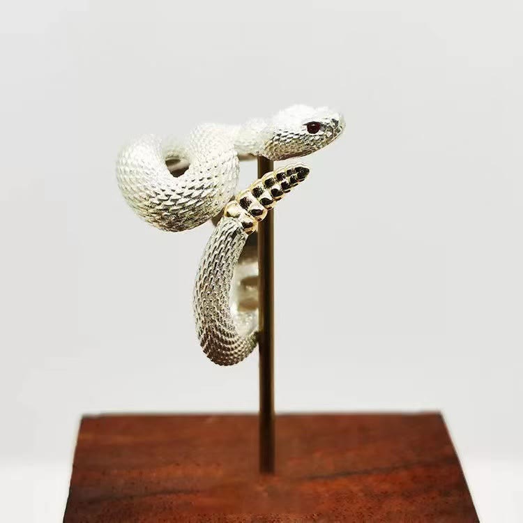 WorldNorse Vintage Rattlesnake Adjustable Ring - White & Gold Tail#Mouth Closed - image 11