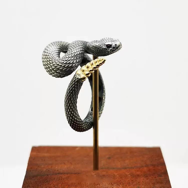 WorldNorse Vintage Rattlesnake Adjustable Ring - Black & Gold Tail#Mouth Closed - image 10