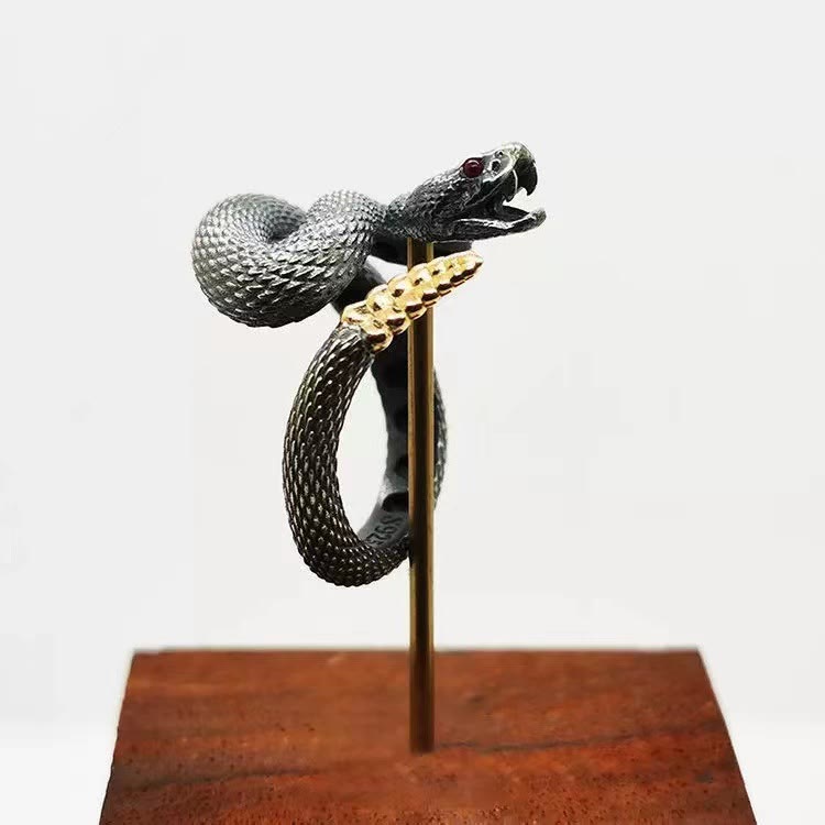 WorldNorse Vintage Rattlesnake Adjustable Ring - Black & Gold Tail#Mouth Opened - image 8
