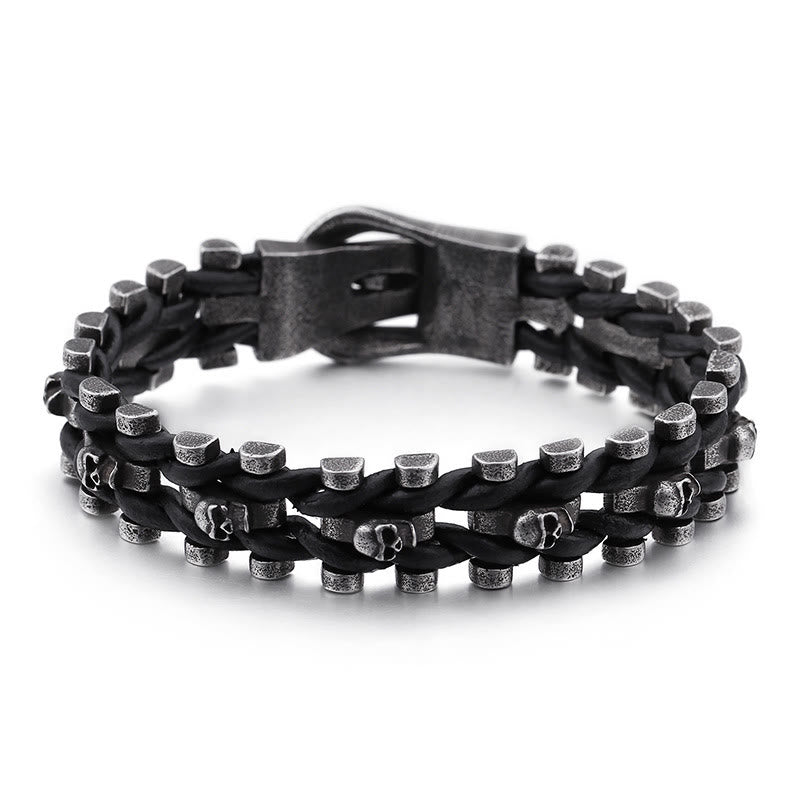 WorldNorse Skull Black Leather Rope Bracelet