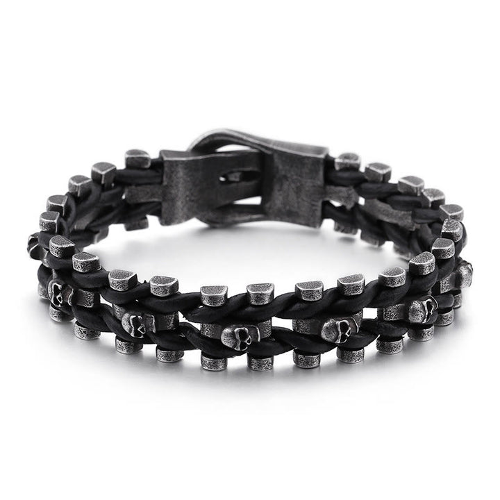 WorldNorse Skull Black Leather Rope Bracelet