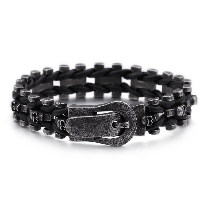 WorldNorse Skull Black Leather Rope Bracelet