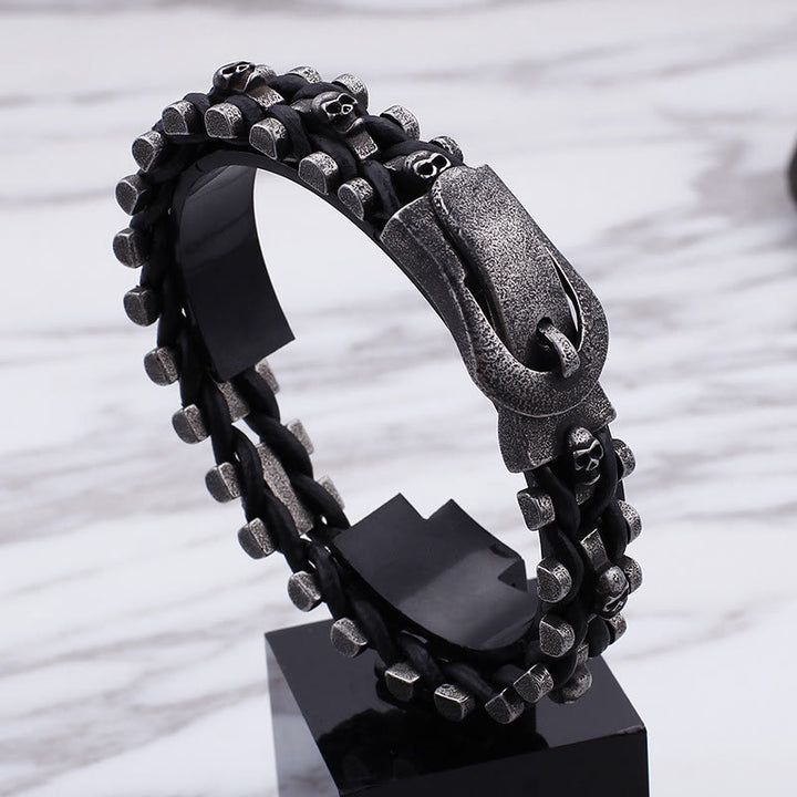 WorldNorse Skull Black Leather Rope Bracelet