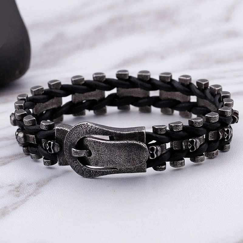 WorldNorse Skull Black Leather Rope Bracelet