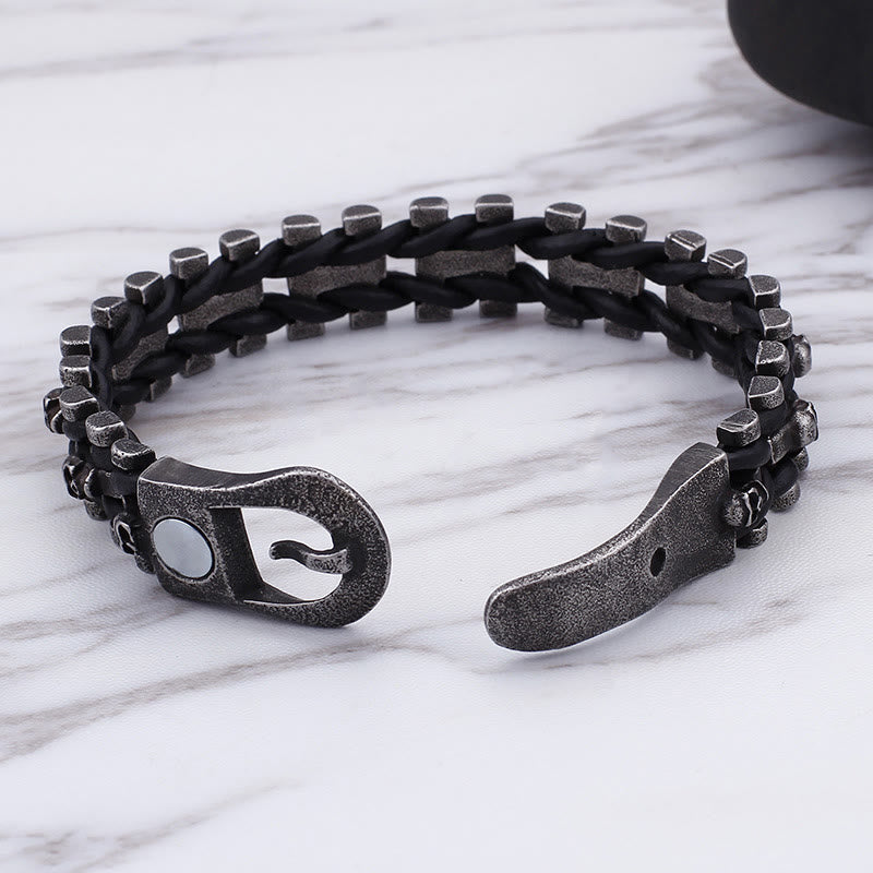 WorldNorse Skull Black Leather Rope Bracelet