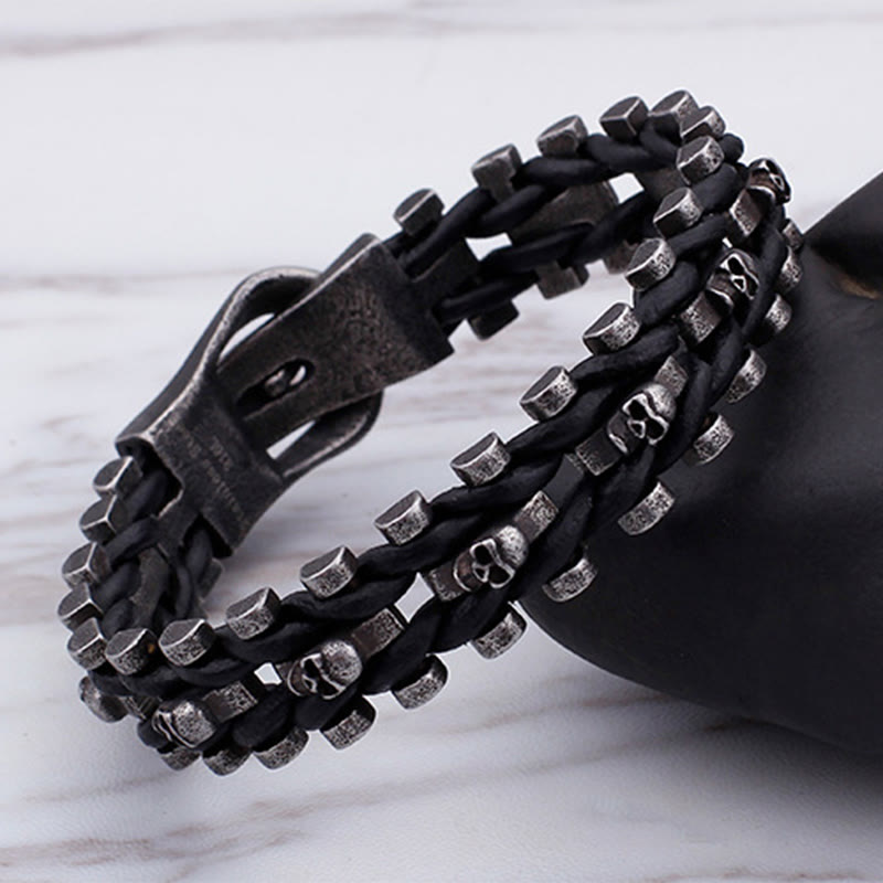 WorldNorse Skull Black Leather Rope Bracelet