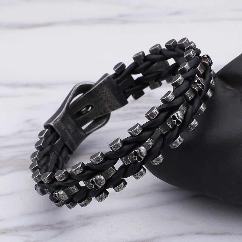 WorldNorse Skull Black Leather Rope Bracelet