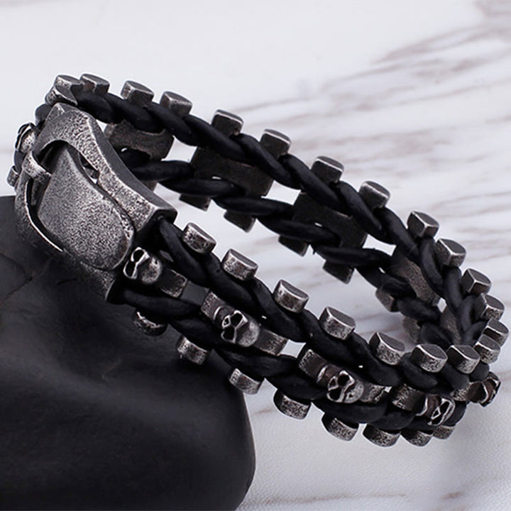 WorldNorse Skull Black Leather Rope Bracelet