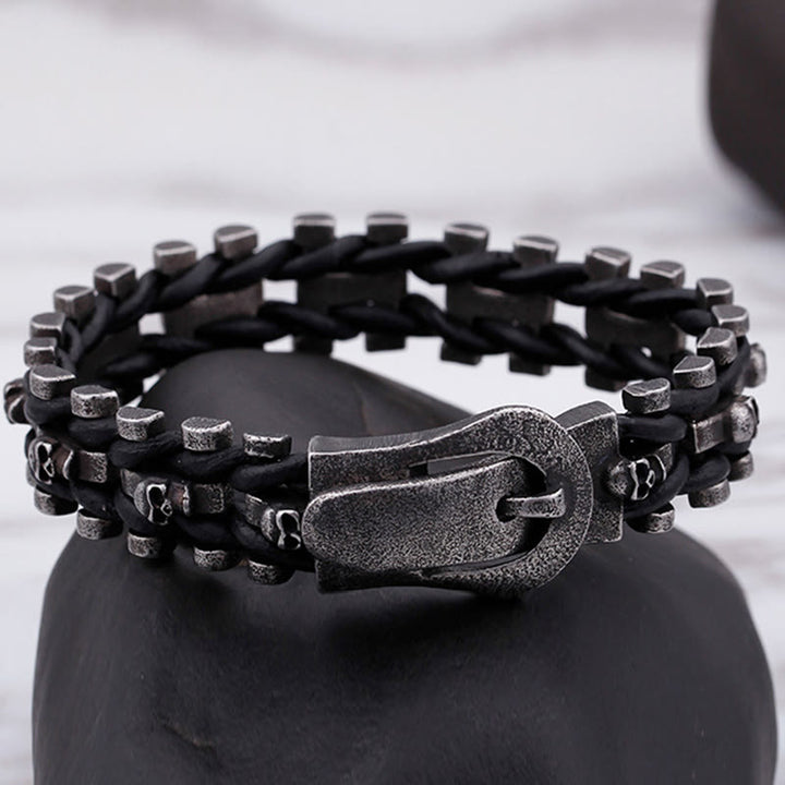 WorldNorse Skull Black Leather Rope Bracelet