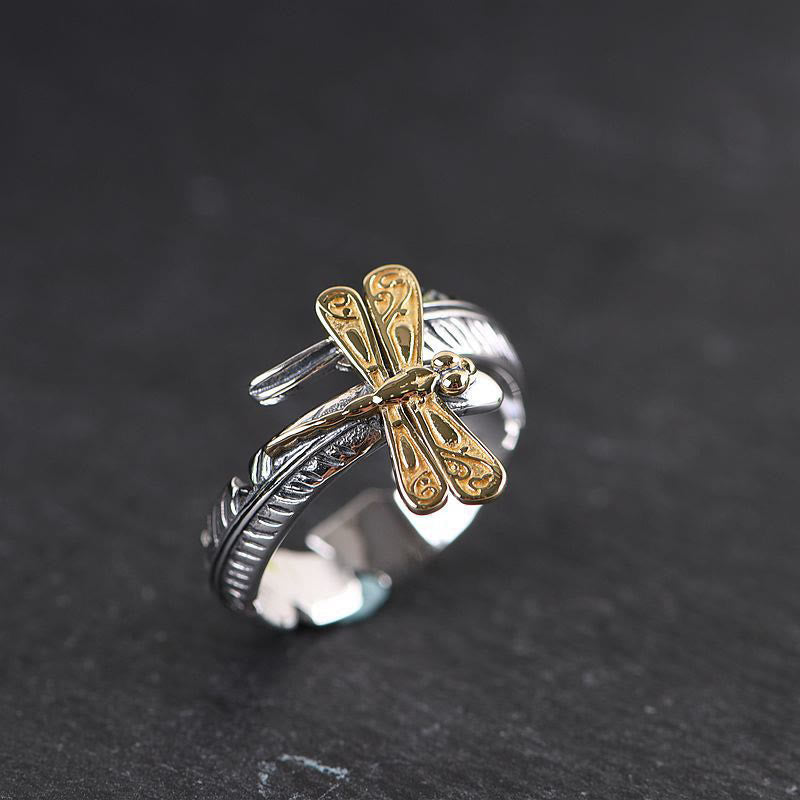 WorldNorse Feather With Gold Dragonfly Ring