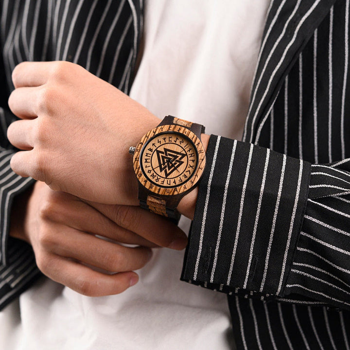 WorldNorse Valknut With Rune Wooden Watch