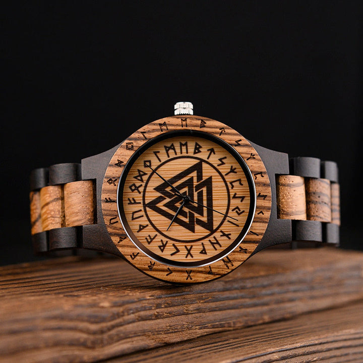 WorldNorse Valknut With Rune Wooden Watch