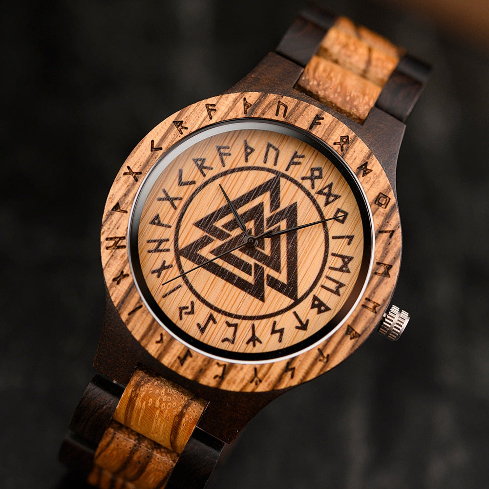 WorldNorse Valknut With Rune Wooden Watch