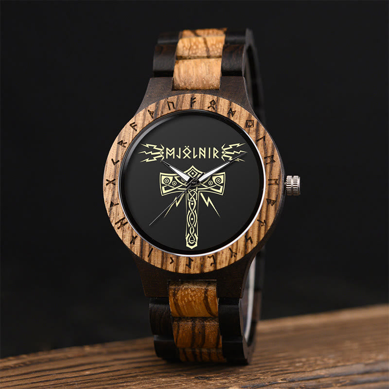 WorldNorse Mjolnir With Rune Wooden Watch