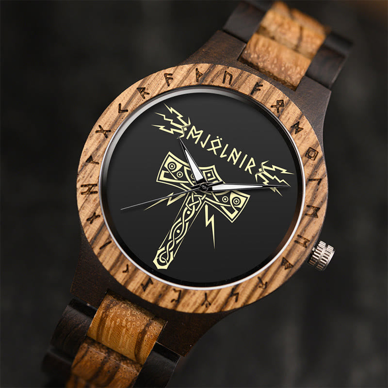 WorldNorse Mjolnir With Rune Wooden Watch