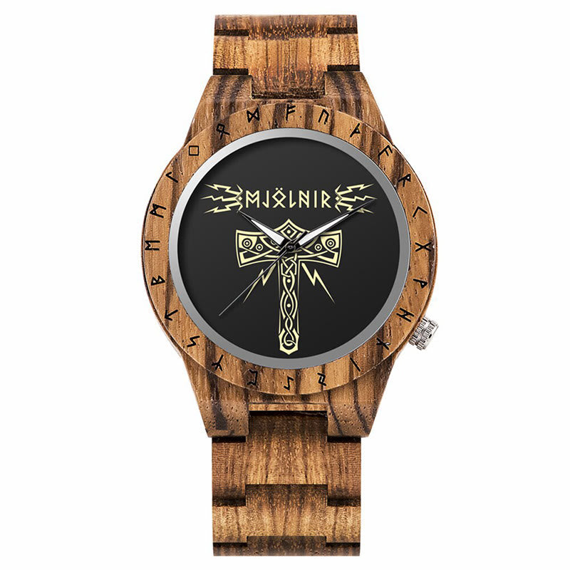 WorldNorse Mjolnir With Rune Wooden Watch