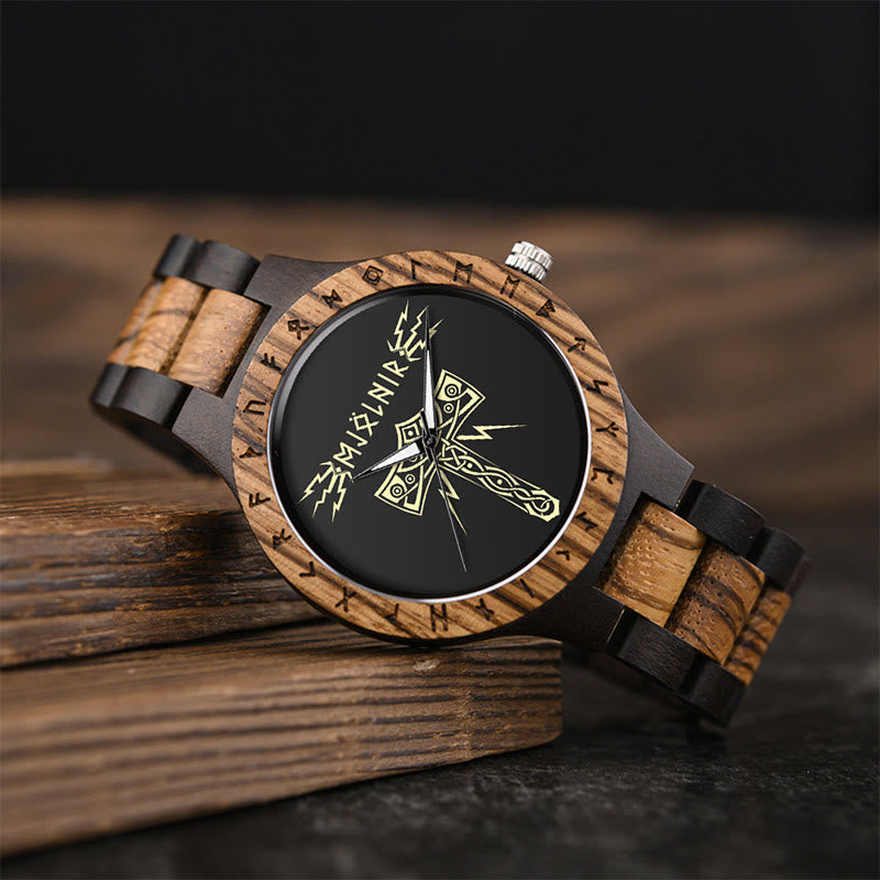 WorldNorse Mjolnir With Rune Wooden Watch