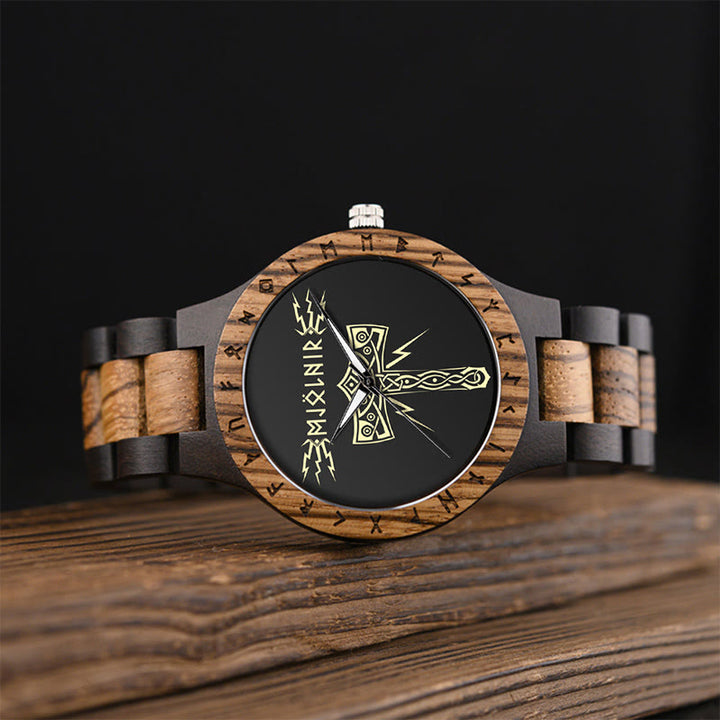 WorldNorse Mjolnir With Rune Wooden Watch