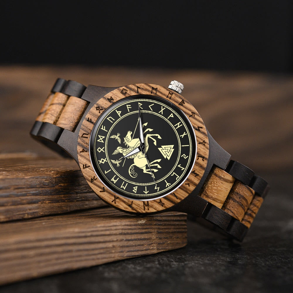 WorldNorse Valknut With Raven Wooden Watch