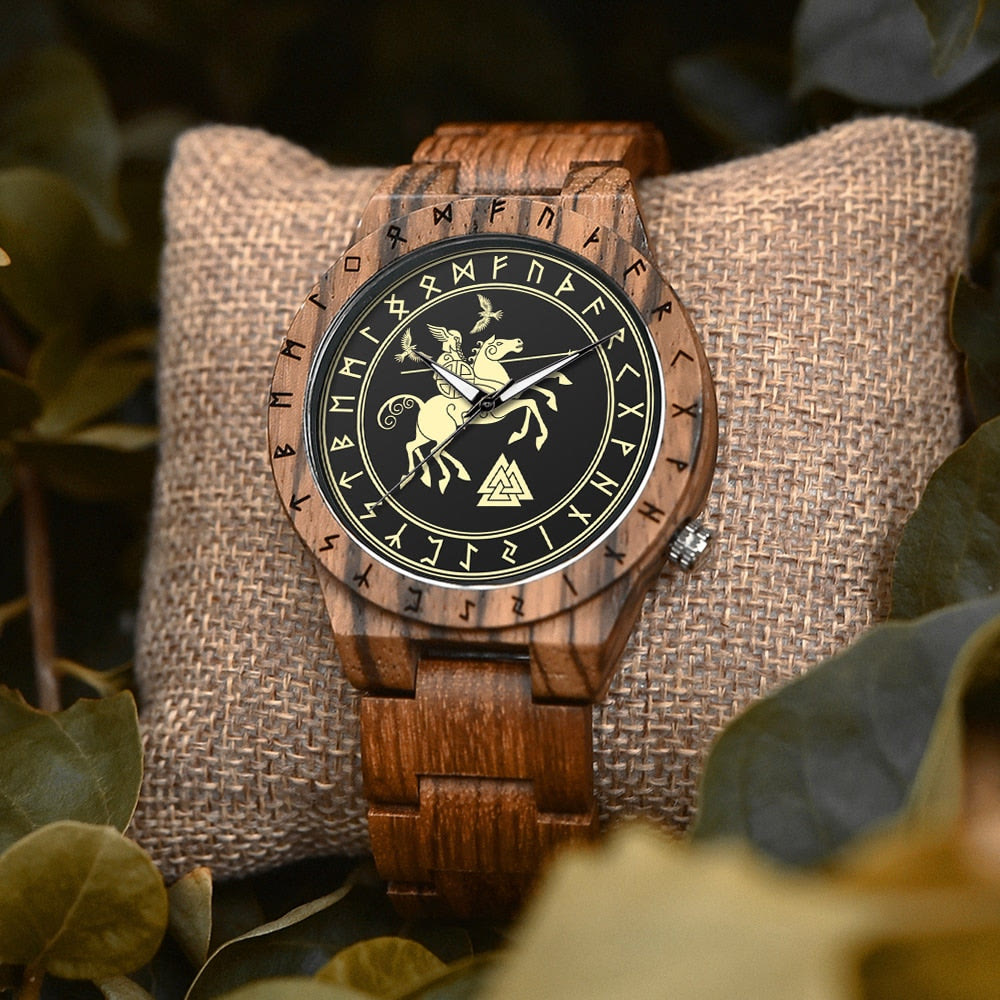 WorldNorse Valknut With Raven Wooden Watch