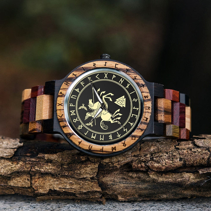 WorldNorse Valknut With Raven Wooden Watch