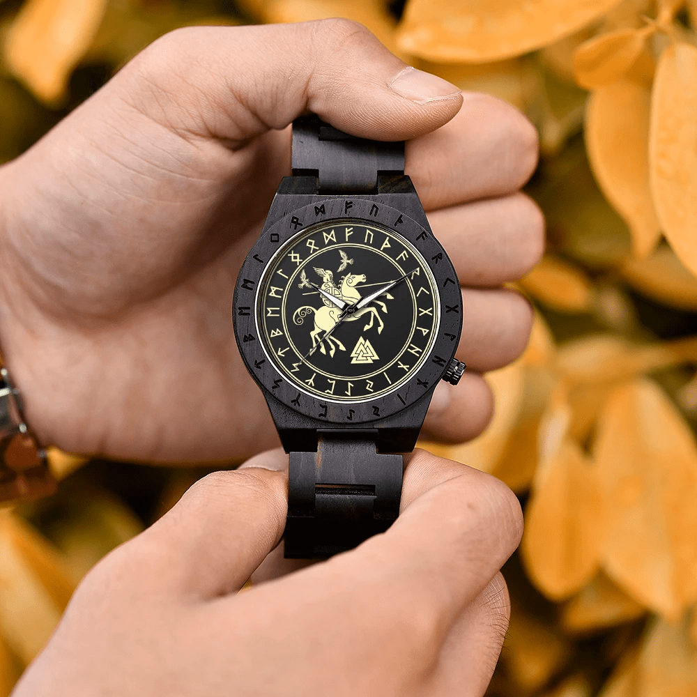 WorldNorse Valknut With Raven Wooden Watch