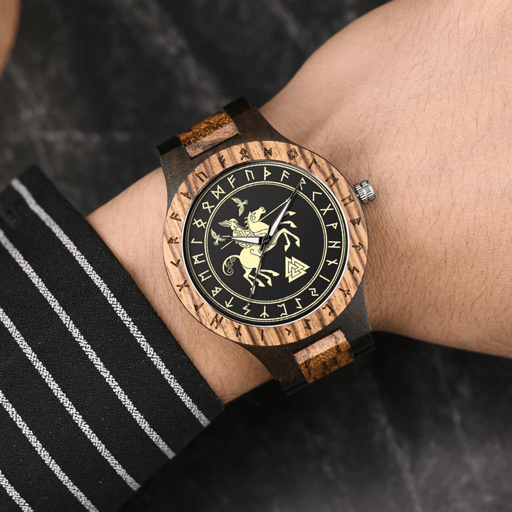 WorldNorse Valknut With Raven Wooden Watch