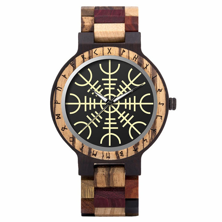 WorldNorse Helm Of Awe With Rune Wooden Watch