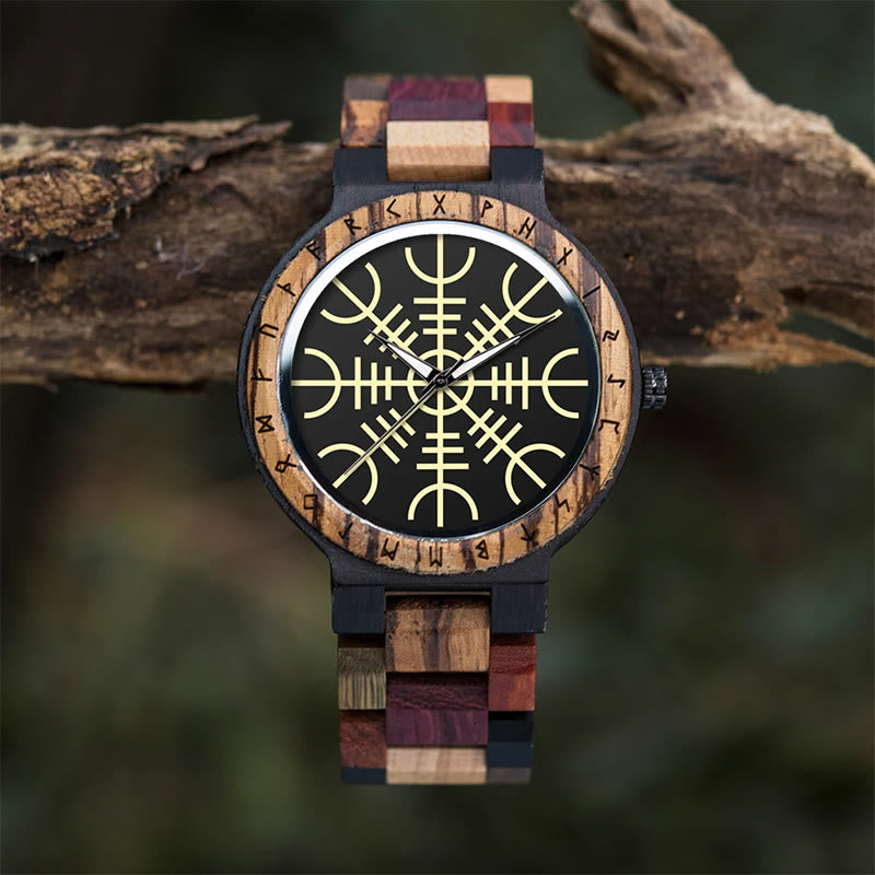 WorldNorse Helm Of Awe With Rune Wooden Watch