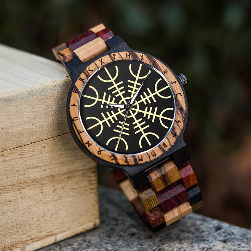 WorldNorse Helm Of Awe With Rune Wooden Watch